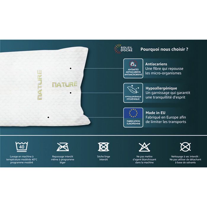 Oreiller mémoire de forme 50x70 cm par Soleil d'ocre