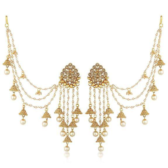 Traditional Brass Gold Plated Wedding Jewellery Bahubali Inspired Long Chain Jhumki Earrings for Women
