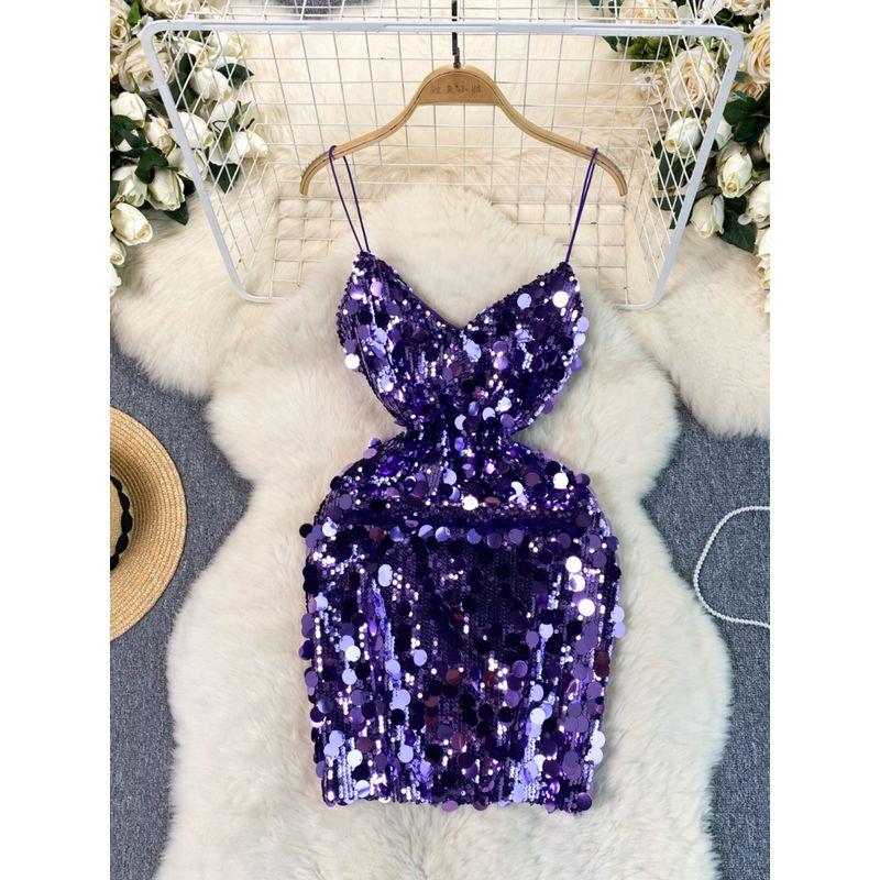 Birthday Gathering Party Small Dress Women's Formal Dress Classy Exquisite Socialite Elegant Sequins Velvet Spaghetti Straps Dress