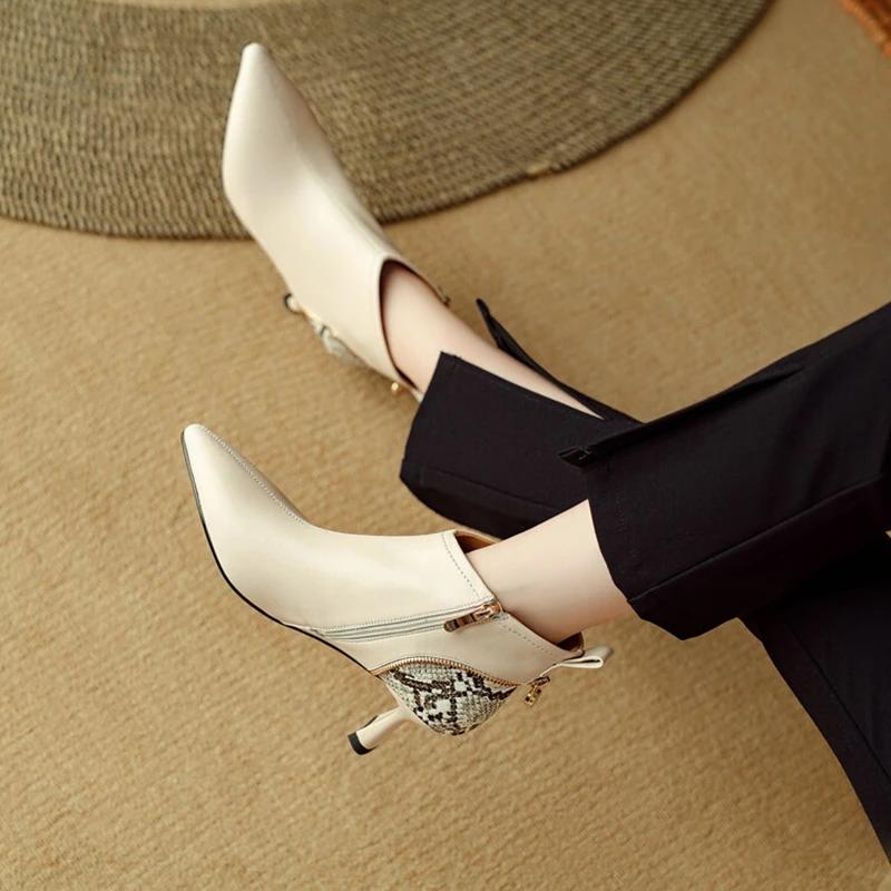 Fashion NEW Autumn Women Boots Pointed Toe Kitten Heel Shoes Split Leather Shoes for Women Mixed Colors Ankle Boots Elegent Zipper Boots