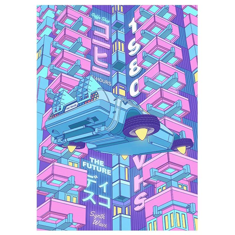 80s Vaporwave Style Wall Art Poster City Night Street Cat Canvas Painting Print Home Decoration Kawaii Room Decor Canvas Picture