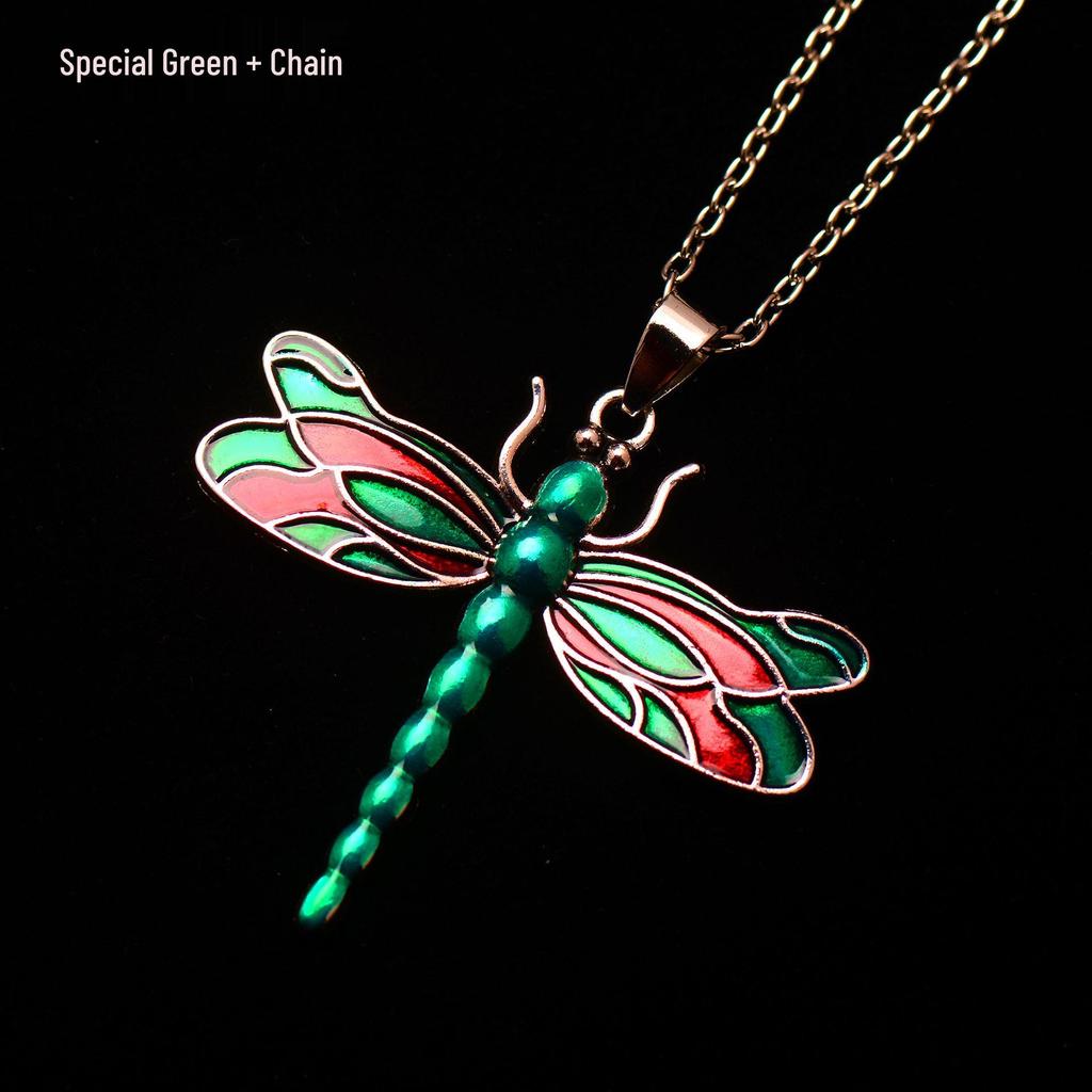 Silver Dragonfly Necklace with Luminous Butterfly - Retro Forest-Inspired