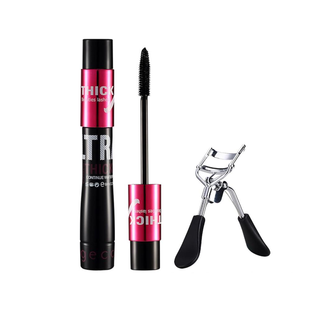 Gevlonecirly Waterproof Mascara Eyelash Extension Thick Natural with Eyelash Curler Set, Long-Lasting, Lash, Finish, 10ml, (Black)