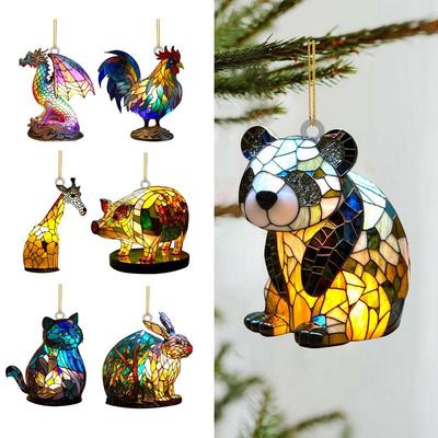 Christmas Tree Pendant Animal Pattern Car Rearview Mirrors Christmas Pendant Creative 2D Christmas Tree Ornaments Decorations