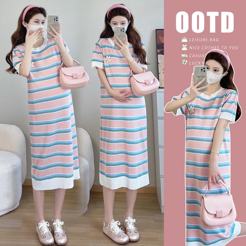 2026 Summer Maternity Dress: Stylish Striped Floral Ice Silk Short Sleeve L