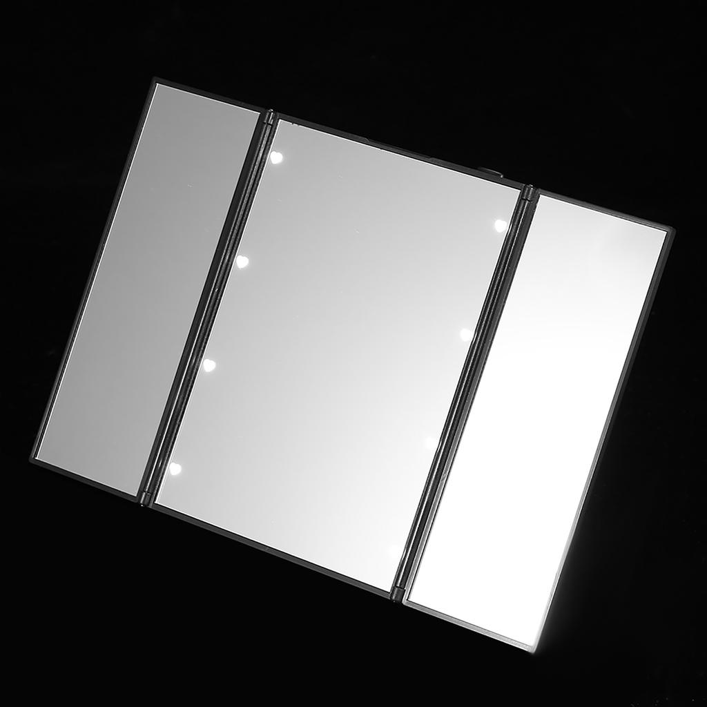 1pc Tri  sided Foldable 8 Led Brightness Lights Desktop Table Makeup Cosmetic Mirror (Black)