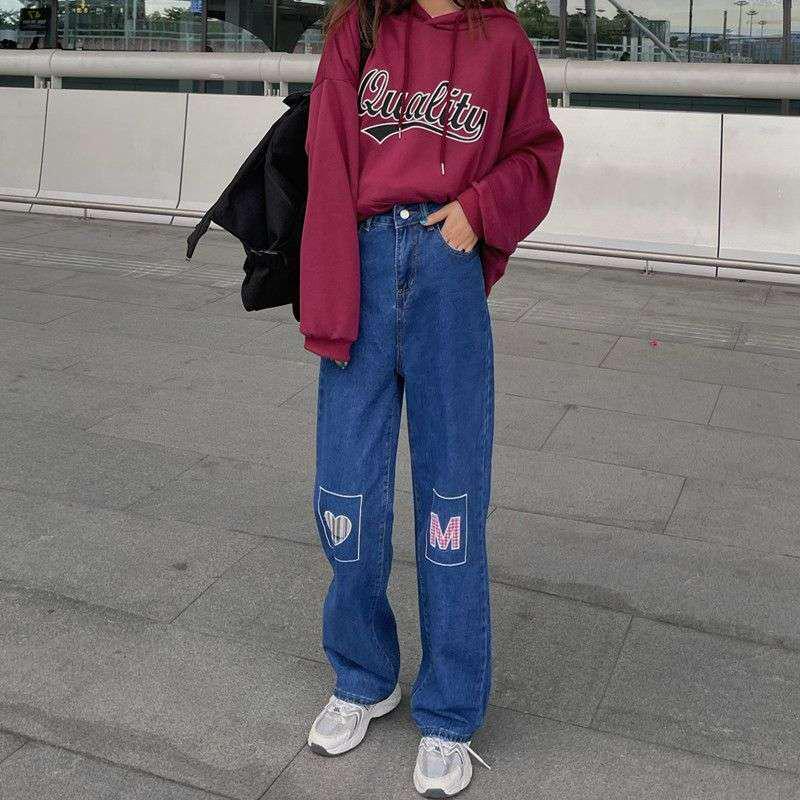 

Korean Style High-Waisted Embroidered Wide-Leg Jeans for Women - Slim Fit, Loose, Versatile, Trendy Student Pants M синій