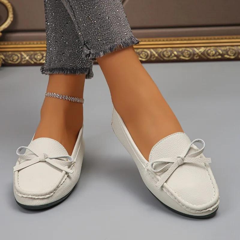 2024 Übergröße Damen Schuhe Slipper Damen Ballerinas Lässige Bohnen-Ballerinas Damen Schleife Runde Zehe Weiche Sohle Outdoor Damen Schuhe