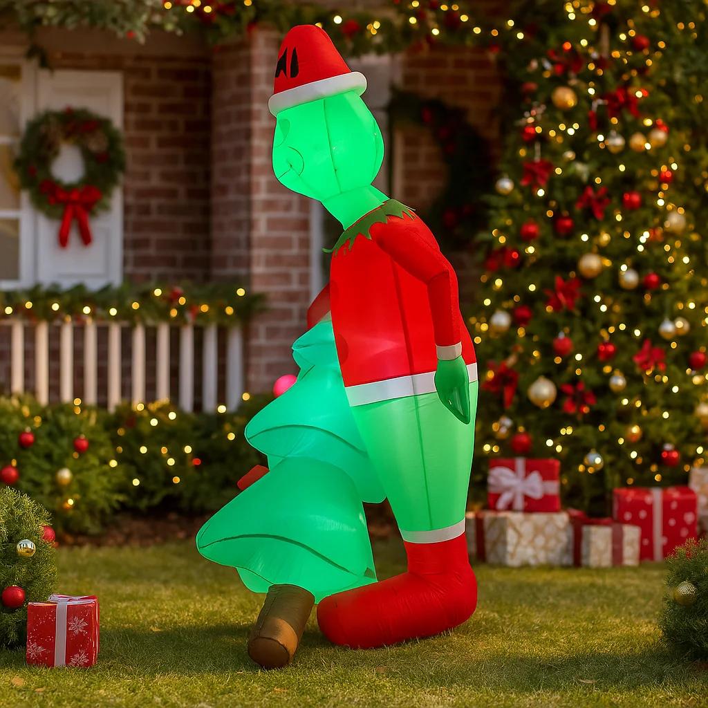 6.8FT/2.1M Inflatable Grumpy Green Christmas Character Holding Lighted Tree Outdoor Decor