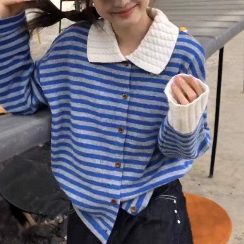 European Women's Striped Polo Collar Sweater - Autumn/Winter 2026 Long Sleeve Knit Petite Top