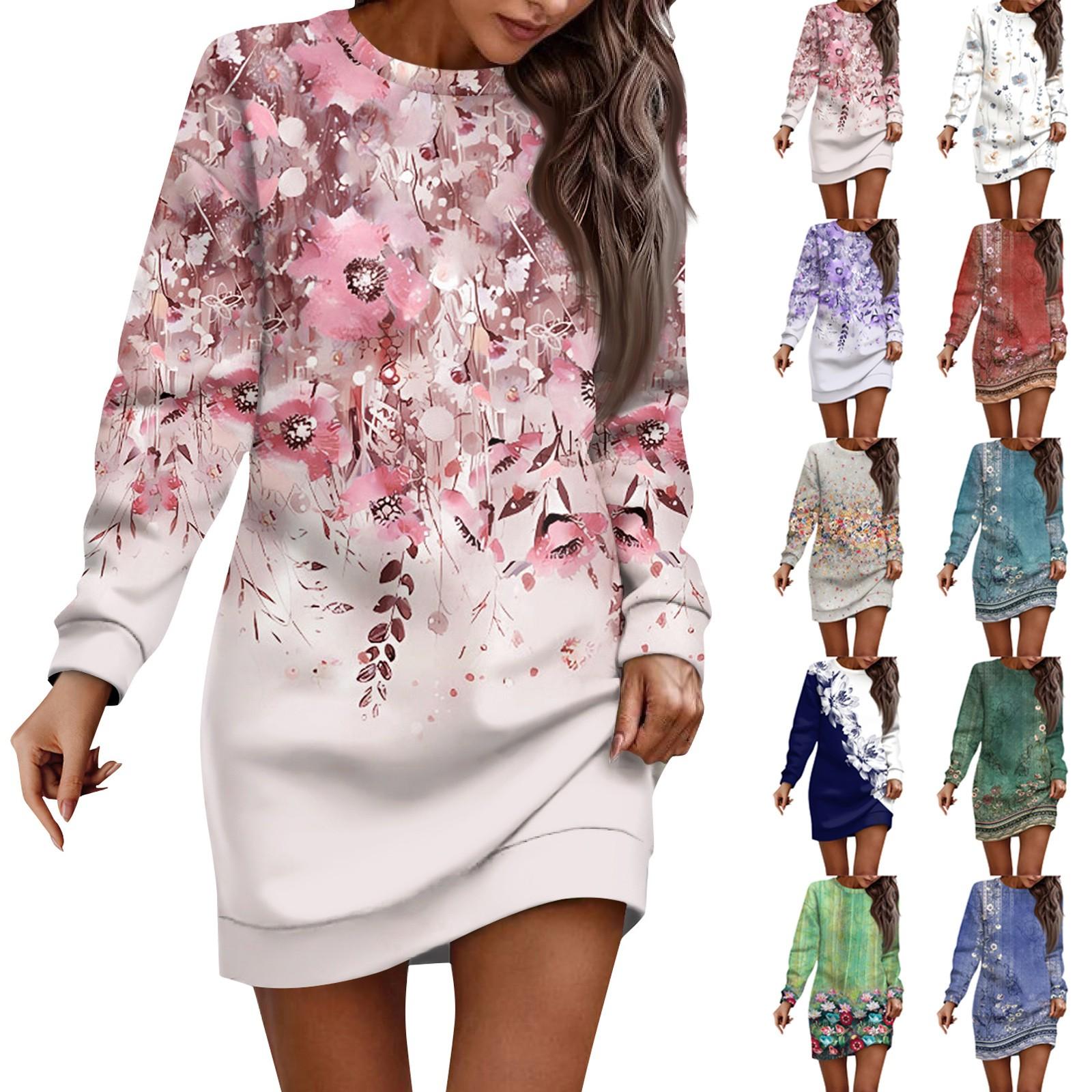 

Платье с длинным рукавом для женщин, повседневное пуловер с цветочным принтом, платье-свитер, осень L армия зеленый