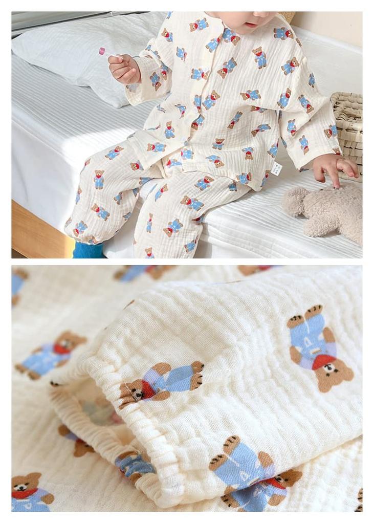 Futupe Baby Front Long Lightweight Cotton Loungewear Sizes 120 Size Pajamas, Opening, Sleeves, Gauze, Spring, Summer, Fall, Girls, Boys, Set, Baby,