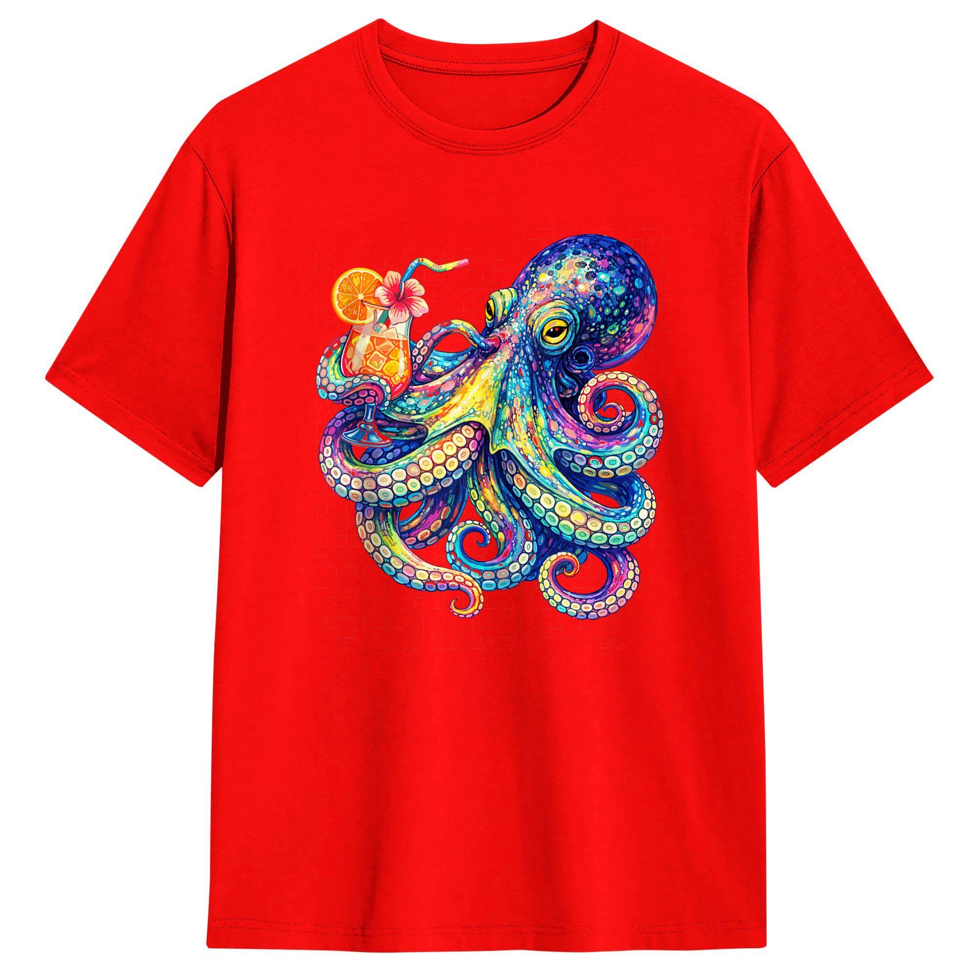 Unisexs Psychedelic Octopus Cocktail Tropical Beach Art Octopus TShirts  Cotton Tops Summer TShirt ONeck Fashion Casual Tshirt S