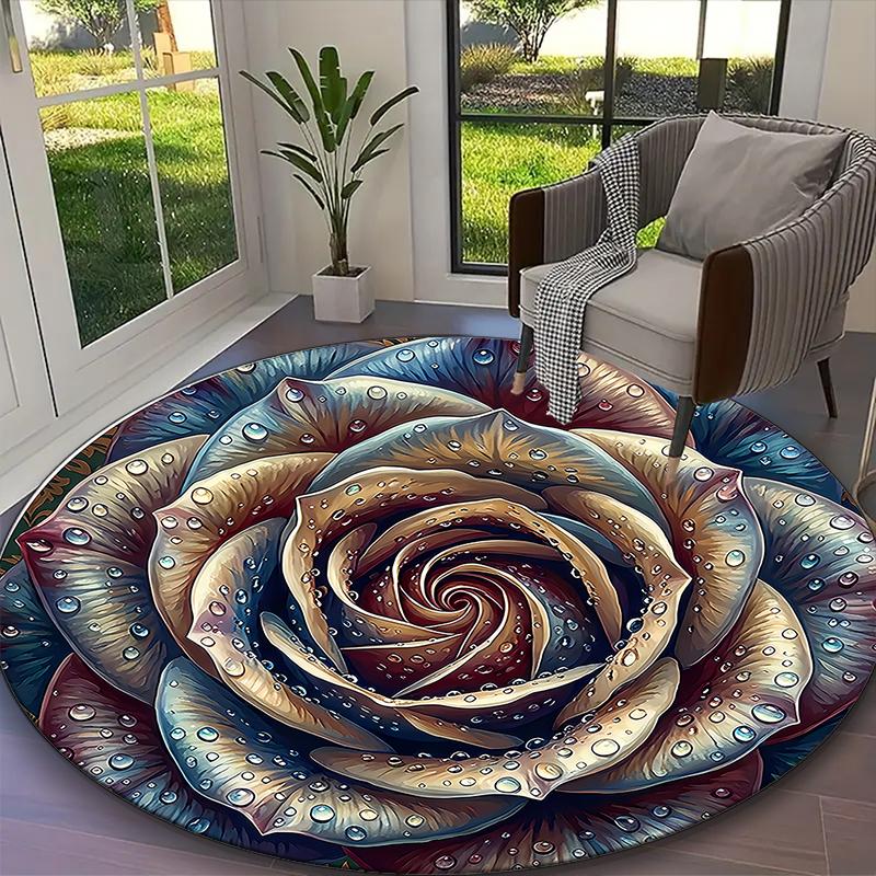 [1pc Elegant Rose Ribbon Wreath Office Carpet] Easy Maintenance Chair Rug for Conference Room Use, Durable Round Sofa Floor Mat