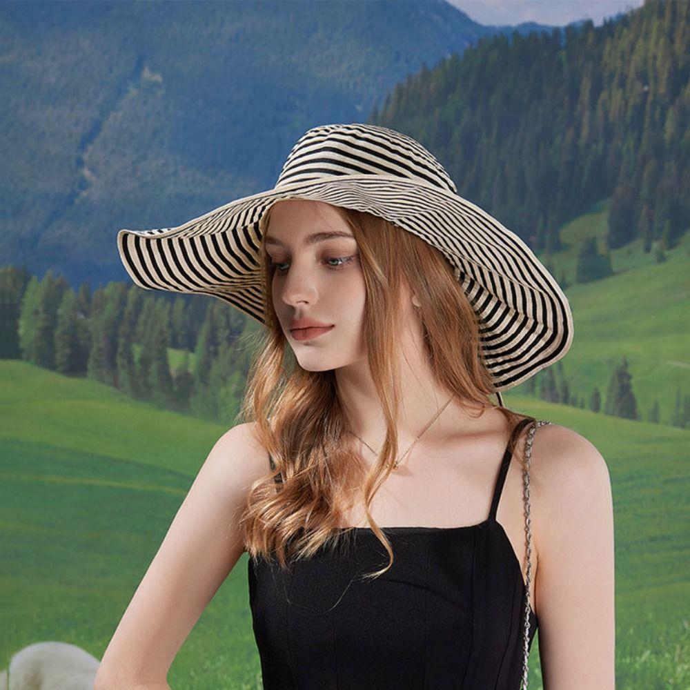 Foldable Summer Sun Hat Bow Sun Protection Cap Fashion Stripe Bucket Hat  Beach