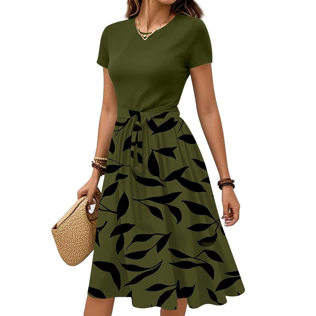 Γυναικείο Casual Μόδα Με Ζώνη Φλοράλ Μοτίβο Κοντομάνικο Στρογγυλή Λαιμόκοψη Κομψό Φόρεμα