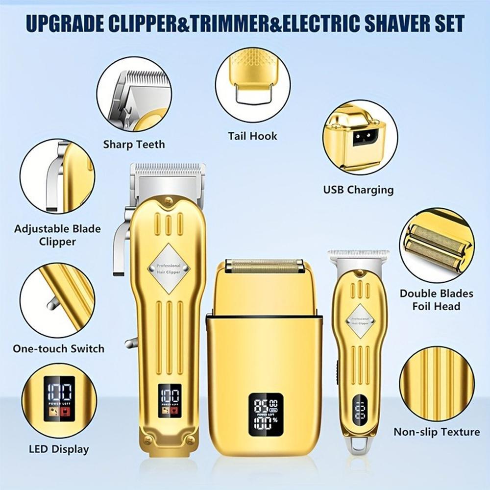 

3 in1 Hair Cutting Grooming Kit Professional Hair Clippers and Shaver Set Cordless Beard Trimming for Men серебряный