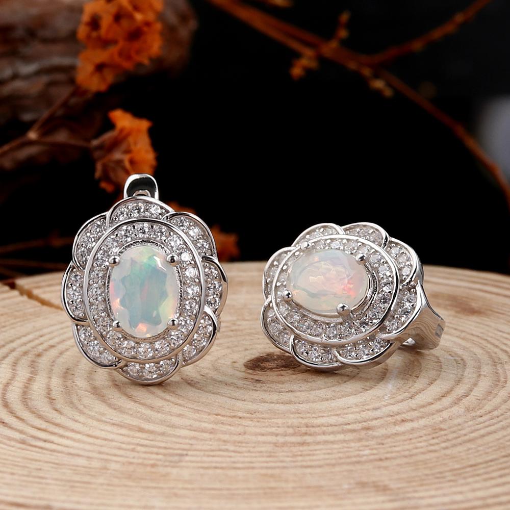 Light Luxury 925 Sterling Silver Clasp Earrings Natural Opal October Birthstone Fine Jewelry for Women's Banquet Festival Wear