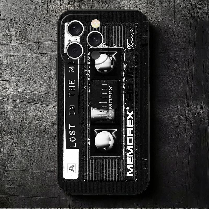 Vintage 90S Cassette Tape Pattern Soft Phone Case for iPhone 16 16E 17 Air 15 Pro Max 14 Plus 13 Mini 11 12 7 Black Cover Back S