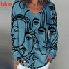New Women's Fashion Trend Clothing Loose Casual Long Sleeve Character Printed V Neck Shirt & Blouses Plus Size Tops