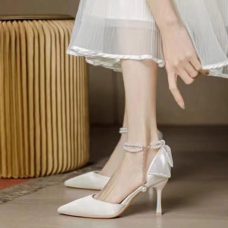 Baotou Pearl Sandals 2025 Thin Fairy Style Pointed Head Stiletto High Heels with Female Summer New French Style
