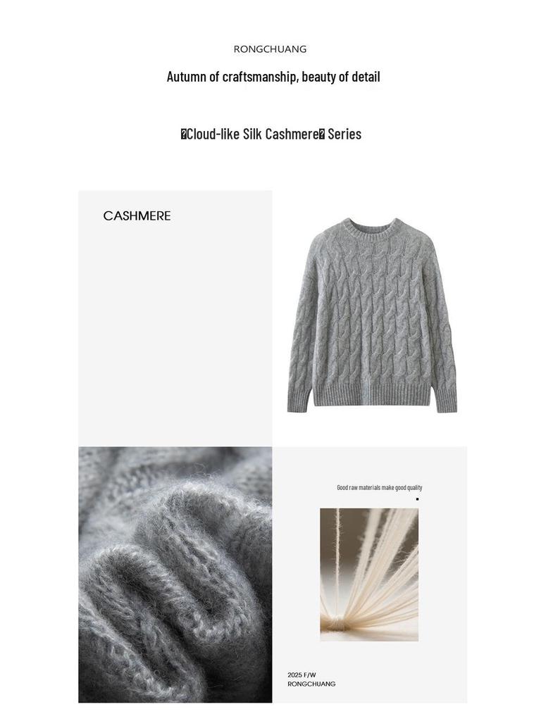 Women's Heavyweight Cable Knit Cashmere Pullover - Fall/Winter Long Sleeve Round Neck Sweater