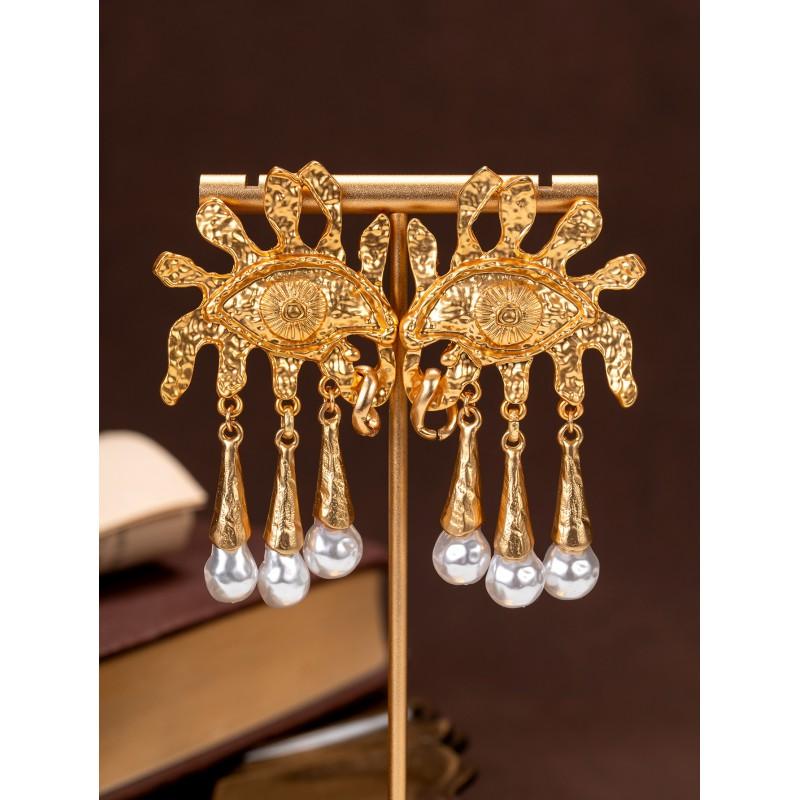

Xiapa Devil s Eye Water Drop Pearl Tassel Earrings Fashion Style Light Luxury Relief Middle Aged Female