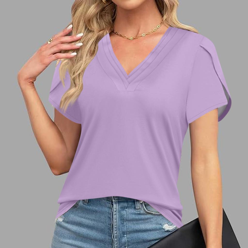 Blouses For Women Dressy Casual, Fashion Solid Color  Retro T-Shirt Unique Design  V-Neck Oversized Tshirts