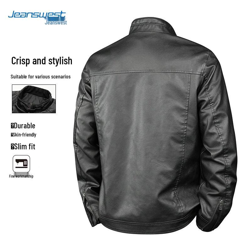 JEANSWEST Men's Stand Collar PU Leather Jacket