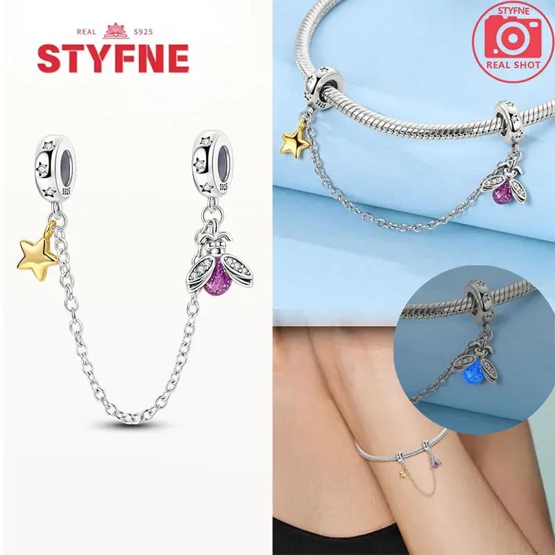 Real Silver 925 Star and Moon Flower Heart Safety Chain Wearable Jewelry Gift Bracelet DIY Beads for Women