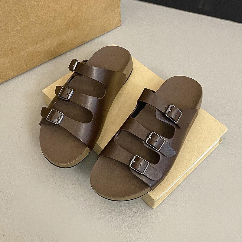 

Thick-bottomed cool slippers for women s summer wear French retro Boken semi-mop seaside beach soft bottom fashion one-word mop 35