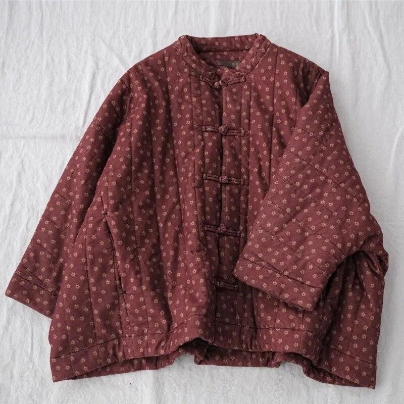 Johnature Women Chinese Style Corduroy Parkas Stand Long Sleeve Button Winter Vintage Coats Print Floral Warm Winter Parkas