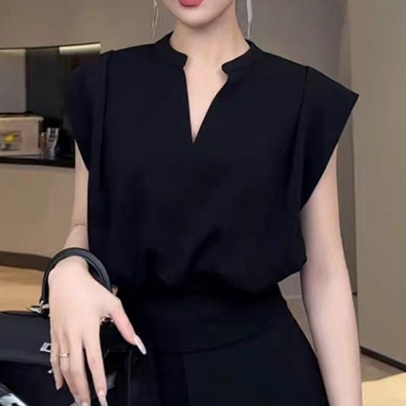 

Елегантна повсякденна футболка без рукавів для жінок, вінтажна жіноча безрукавка, літня вільна футболка з v-подібним вирізом, біла однотонна футболка Y2k 27550 One Size чорний