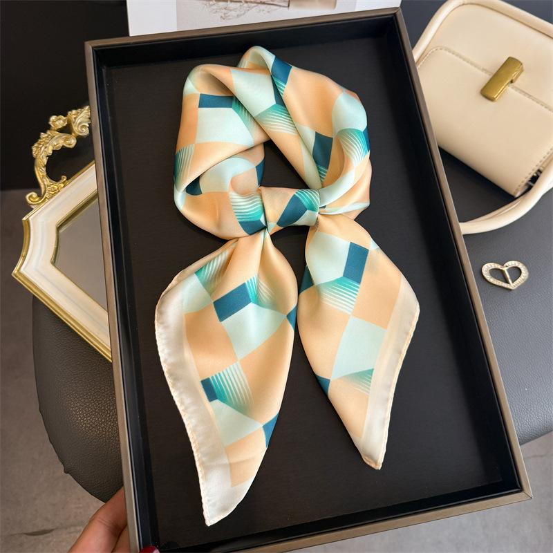 Fashion Print Plaid Design Shawl Square Scarf For Women Soft Satin Wraps Neckerchief Female Hair Bands Ribbon Headband Bandana