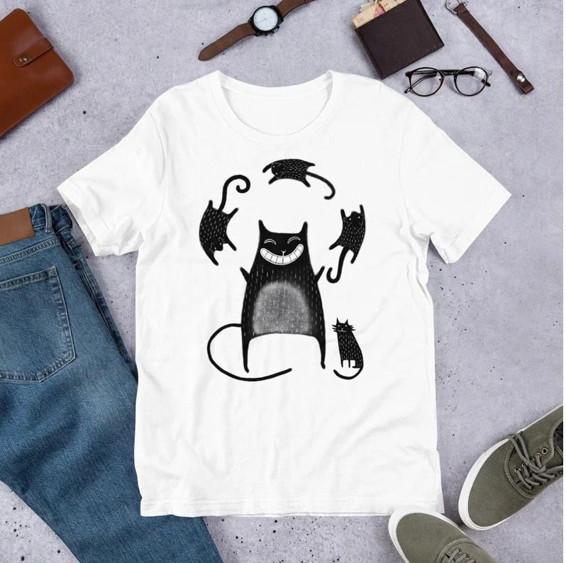 Black Cat Juggler Shirt, Folk Art Kitty Tee, Whimsical Cat Gift