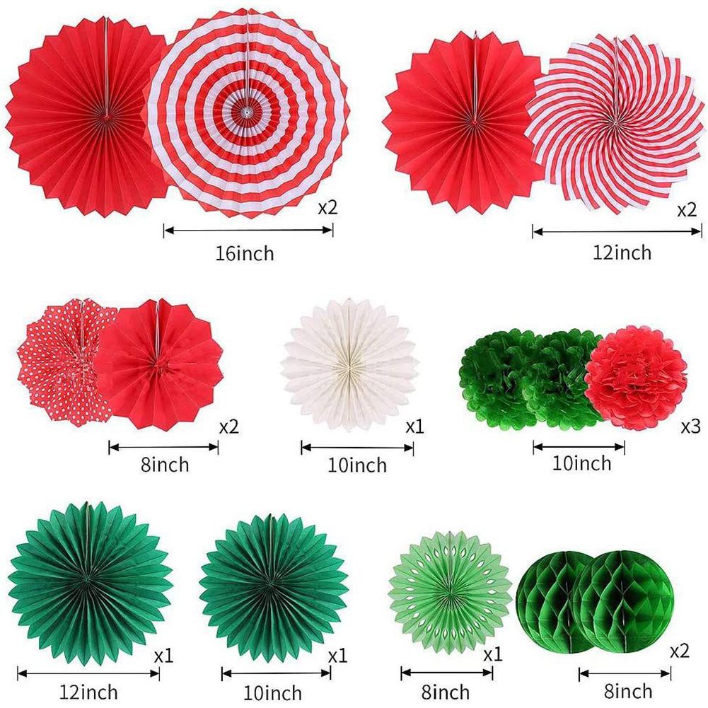 

15pcs Colourful Paper Fans Set With Pompoms Honeycomb Balls Hanging Ornaments For Christmas Party Decoration As shown#0