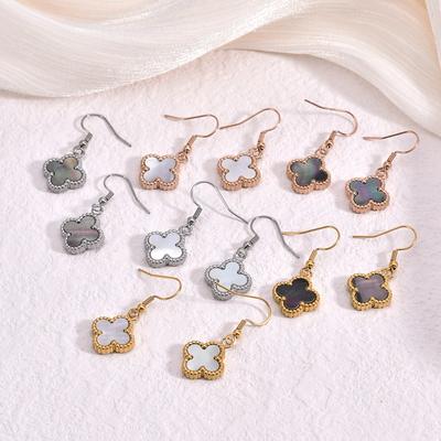 Titanium Steel Mother of Pearl Earrings, High-end Double-sided Lucky Clover Pendant Earrings
