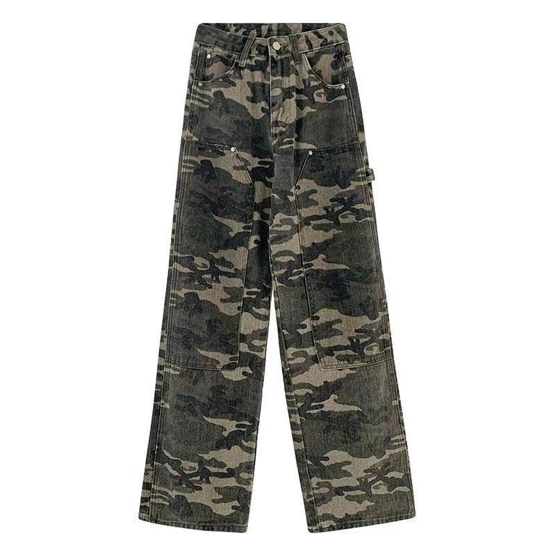 Джинсы Streetwear Женские Джинсы Карго с Высокой Талией Прямые Джинсы Модные Прямые Свободные Брюки Y2k Повседневные Джинсовые Брюки S камуфляжный