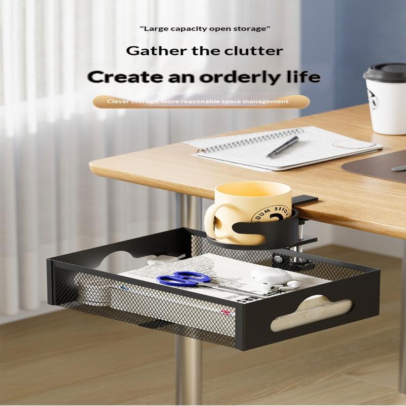 Metal Desk Clamp Organizer with Cup Holder Mesh Drawer Heavy Duty Desktop Storage Rack for Home Office Work Space