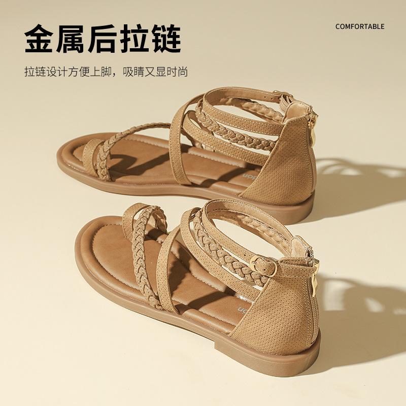 Augustine Flat Roman Sandals Women's 2025 New Summer Bohemian Bag Heel Hollow Woven Sandals