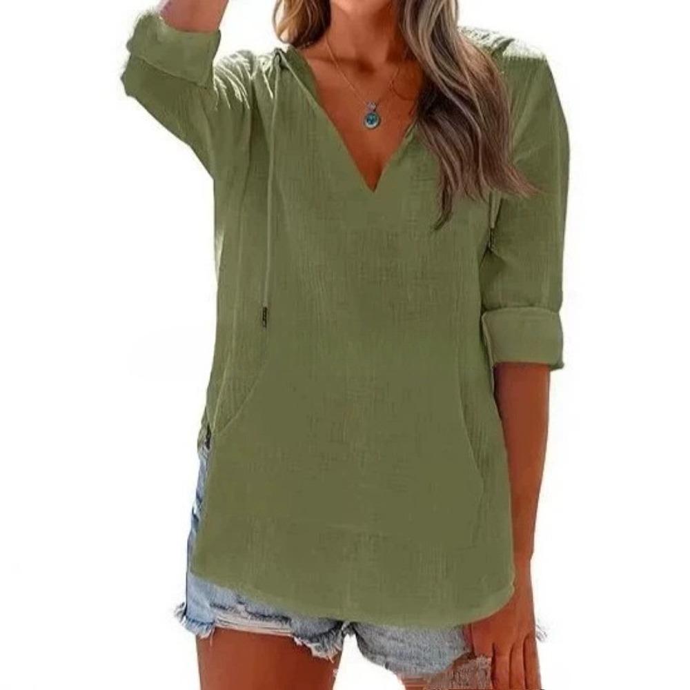 Spring and Summer Beach Cover-Up Hooded Long-Sleeved V-Neck Pockets Hooded Shirt for Women