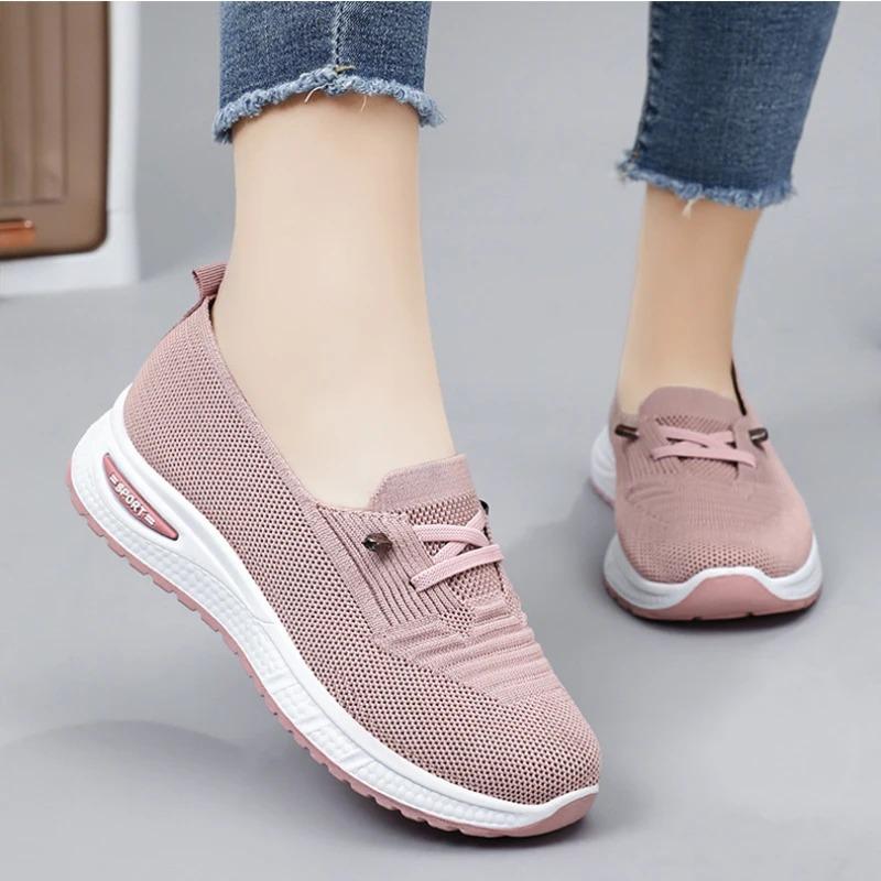 Women's Shoes New Styles Plus Size Casual Shoes Flyknit Breathable Mom Shoes Low-Cut Lightweight Flats Lace-Up Mesh Shoes
