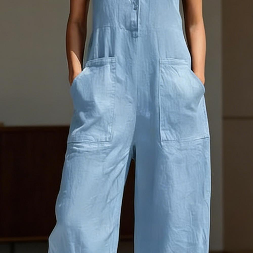 Tuta estiva da donna in cotone e lino senza maniche con bottoni, colletto alla coreana, vestibilità ampia, pezzo unico, tute con pantaloni lunghi a gamba larga, salopette con tasche
