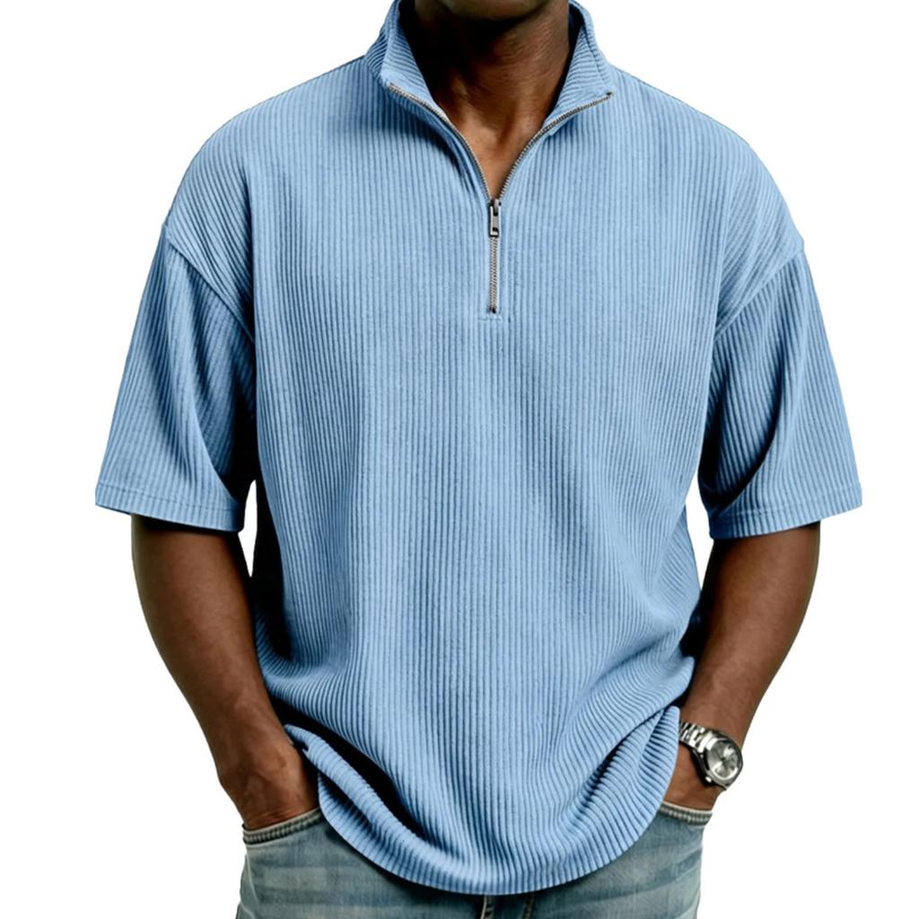 Men's Half,zip T,shirt, Corduroy Short,sleeved Shirt, Summer Loose Casual Color Top