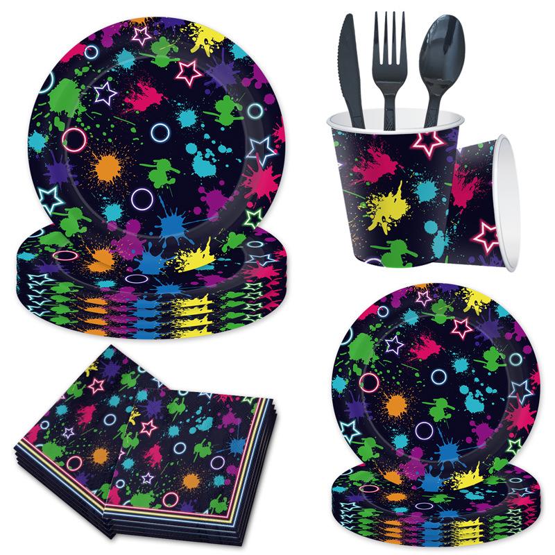 Neon Theme Graffiti Party Set Disposable Paper Plate Paper Cup Children'S Birthday Party Decorations