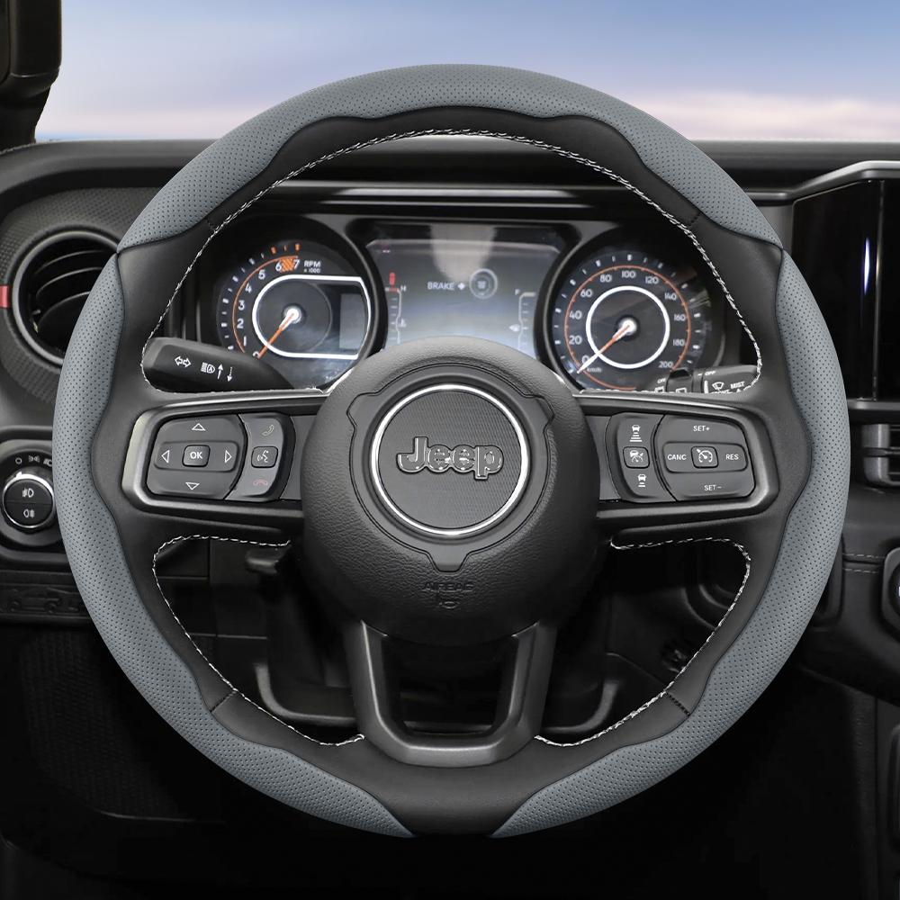 Suitable for Jeep Breathable Hole Leather Steering Wheel Cover Segmented Quick Release Design Non-Slip Durable Compass Renegade Wrangler Grand C AMU1