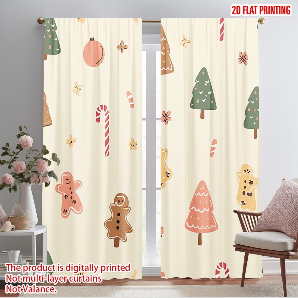 2pcs,2D Plane Printing Window Curtain Christmas Trees Gingerbread Candies SnowGlobe 100% Polyester (without Rod) Holiday Use for