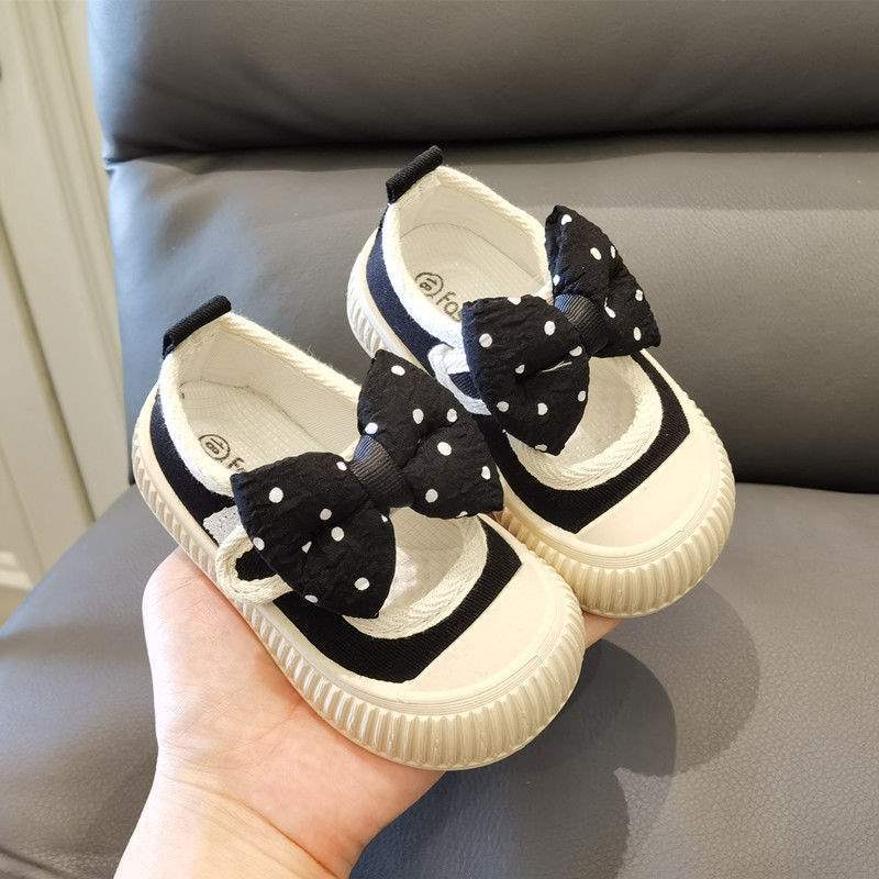 Spring and Autumn Baby Square Mouth Canvas Shoes Polka Dot Bow Girls' Children's Shoes Toddler Shoes Soft Sole Princess Shoes Anti-kick
