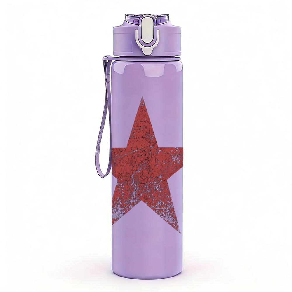 1PC Red five point star minimal print 750ml colorful plastic sports water bottle leakproof pop up lid with straw for outdoor work home use