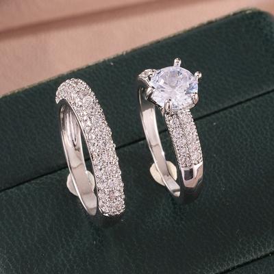 ZAKOL 2Pcs/Set Classic Big Shiny Zircon Crystal Engagement Ring for Women Men Sliver Color Couple Rings Wedding Zircon Gift